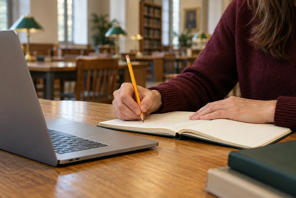 AI-generated illustration of an adult writing in a notebook beside a laptop.