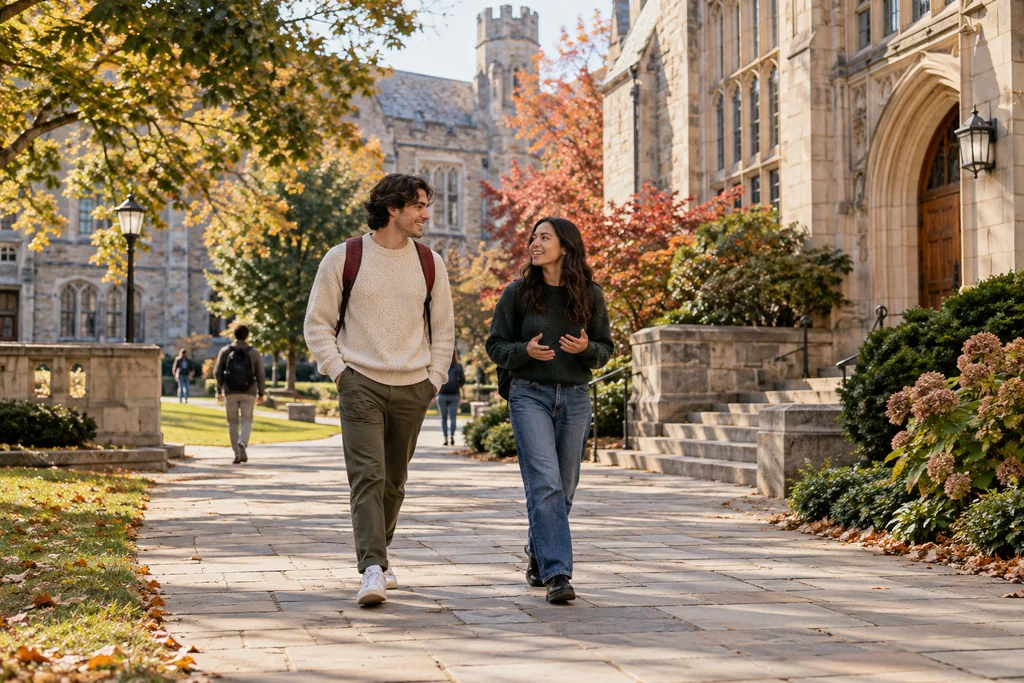 AI-generated illustration of two fictional adult students walking on a fictional campus.
